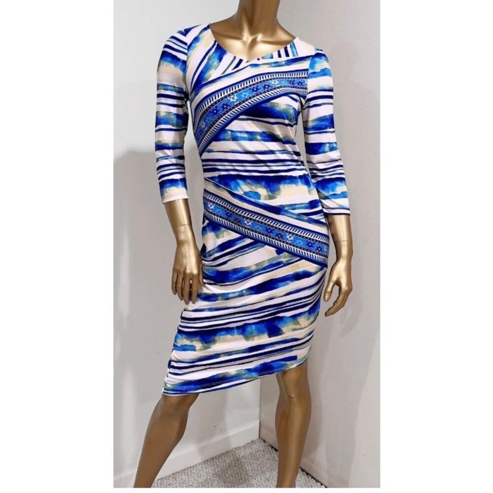 ECI New York Abstract Print Bodycon Dress Medium 3/4 Sleeve Blue White Tribal